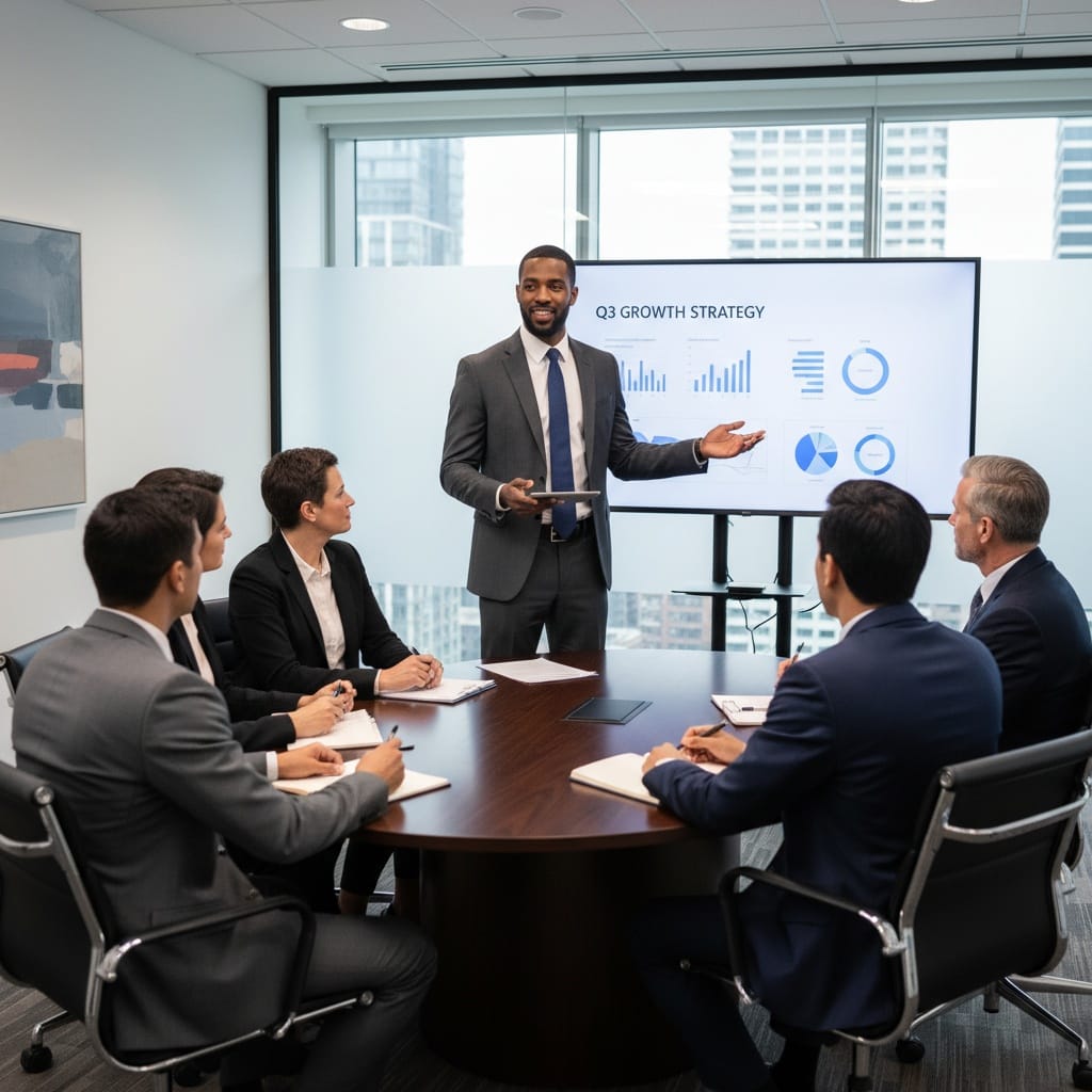 slim black man presenting to executives 81382856