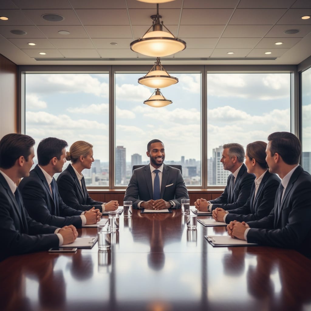 slim black man roundtable wide establishing shot 55551713