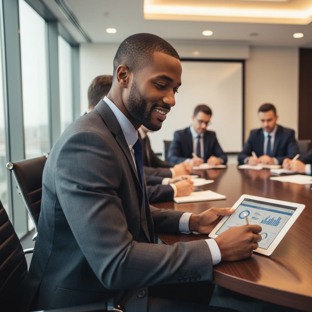 slim black man taking notes executive meeting 93861469