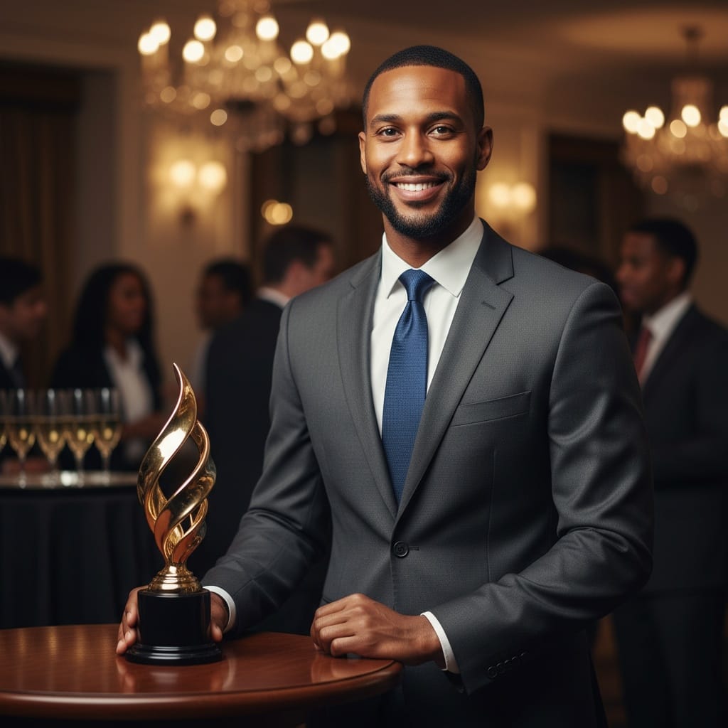 slim black man trophy table display 66815370