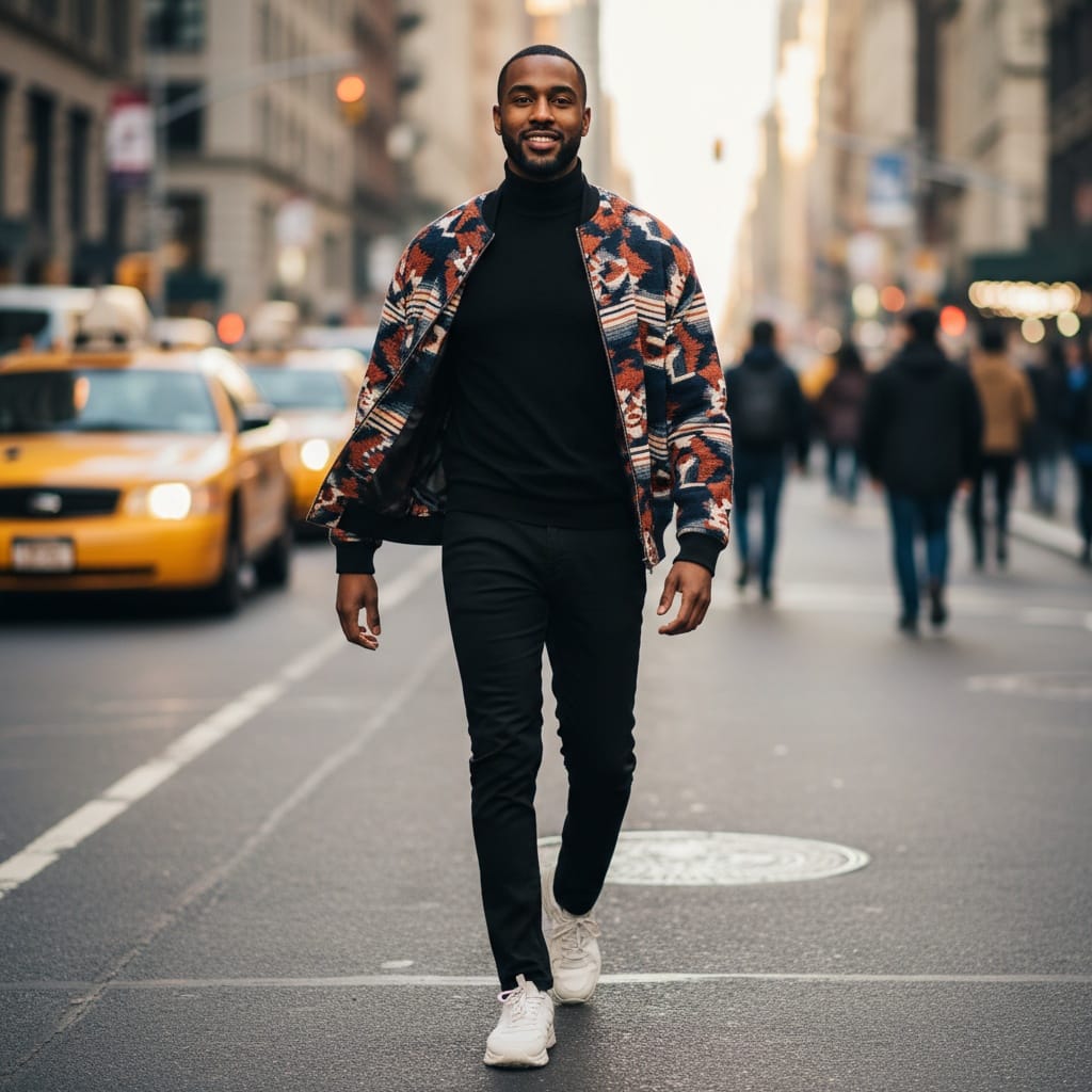 slim black man walking dynamic street shot 57519259