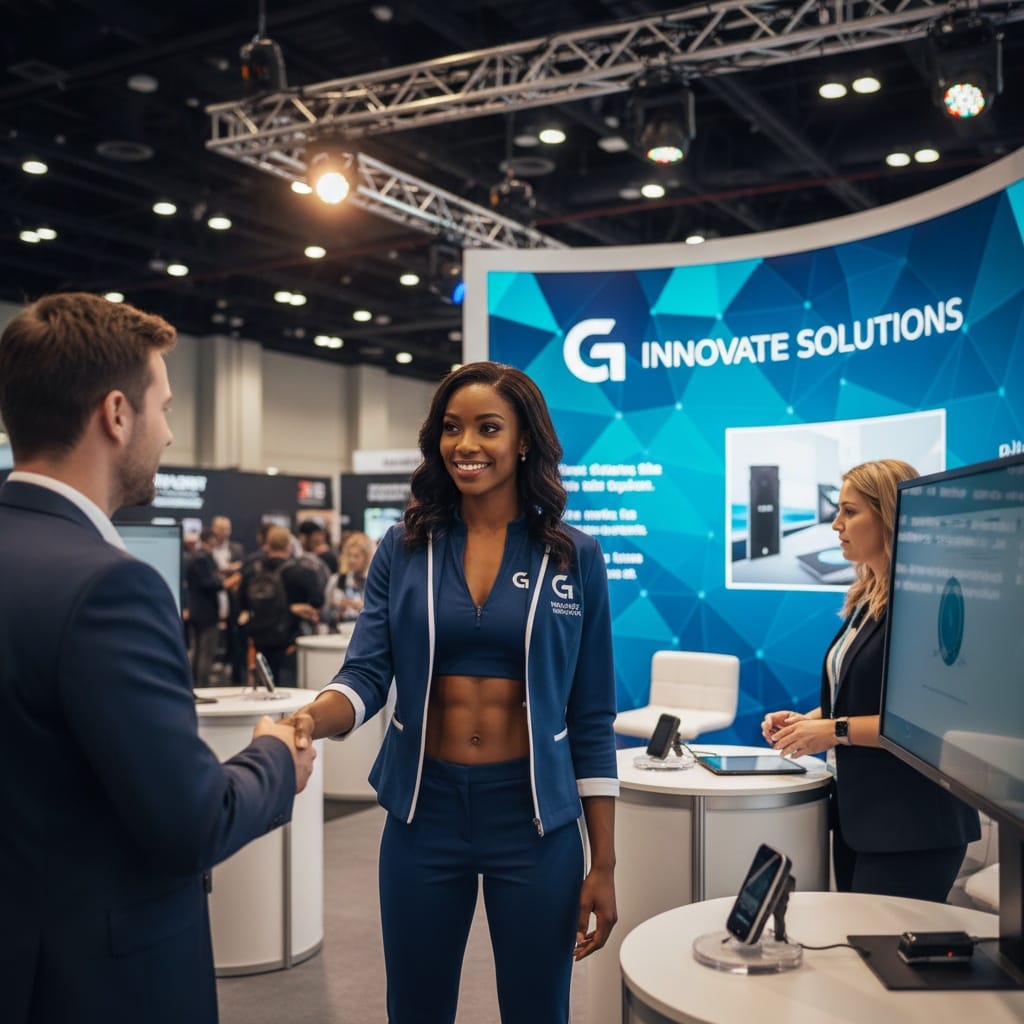 slim black woman booth exhibitor interaction 65458860