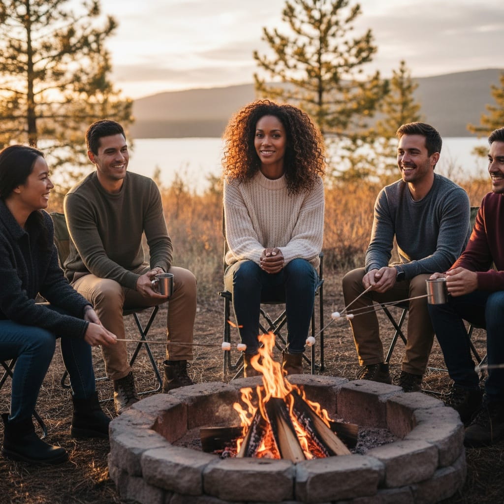 slim black woman campfire evening gathering 74857933