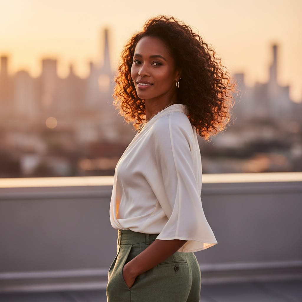 slim black woman golden hour rooftop portrait 29830340
