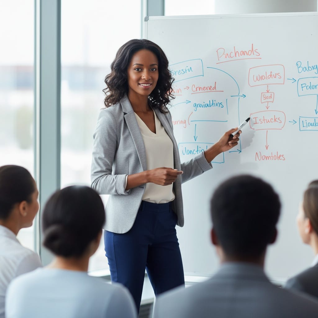 slim black woman leading workshop whiteboard 48878791