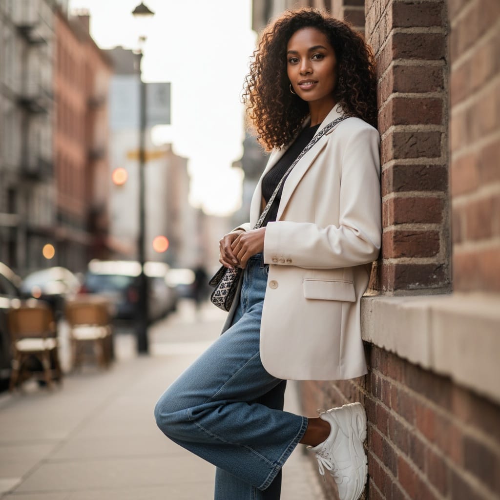 slim black woman leaning wall urban cool 77345202