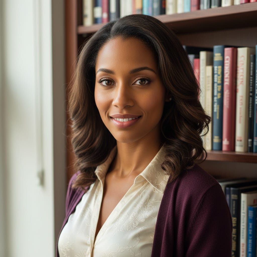 slim black woman library bookshelf background 35290974
