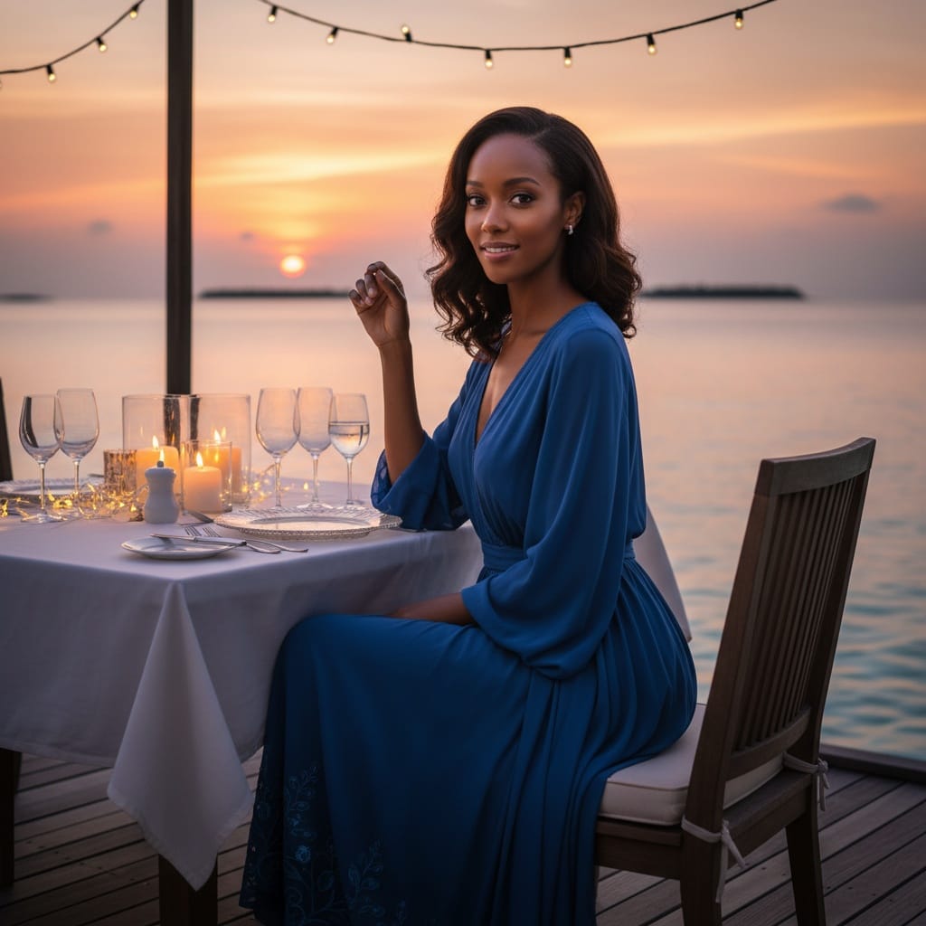 slim black woman overwater dining deck 63059807