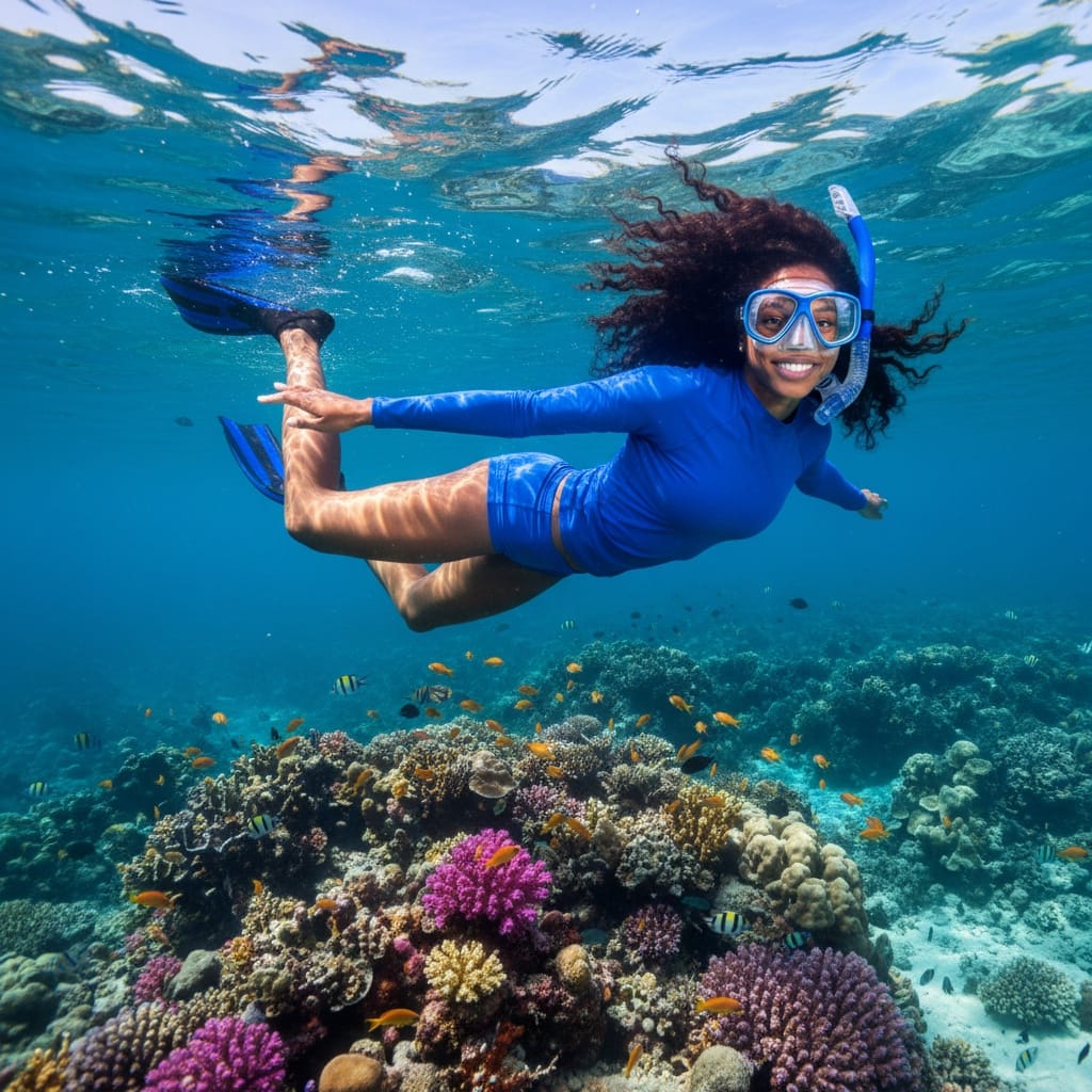 slim black woman snorkeling clear water 51177289