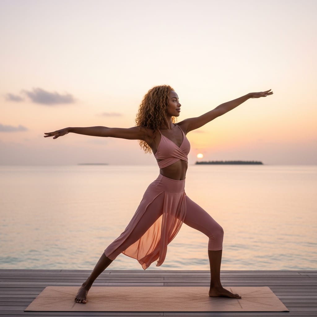 slim black woman sunrise yoga deck 41878258