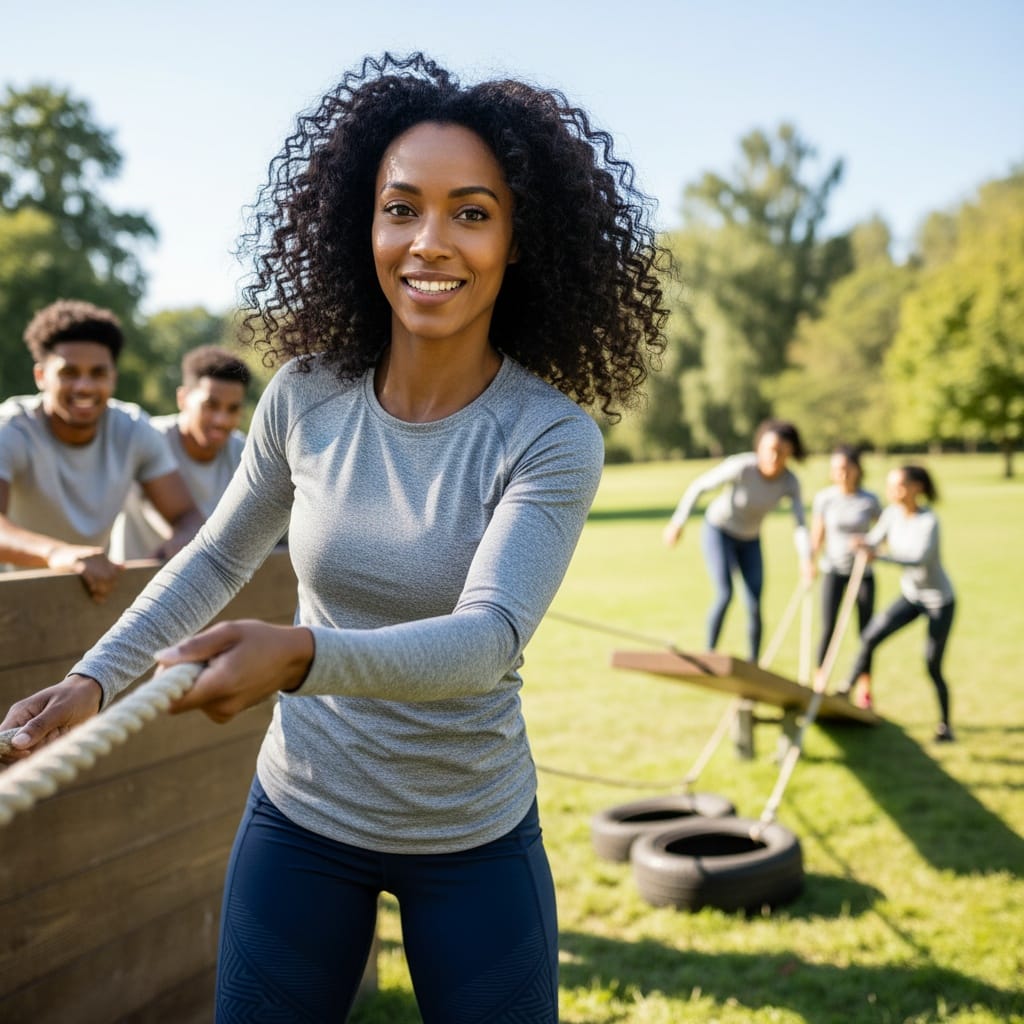 slim black woman team building activity action 63759024