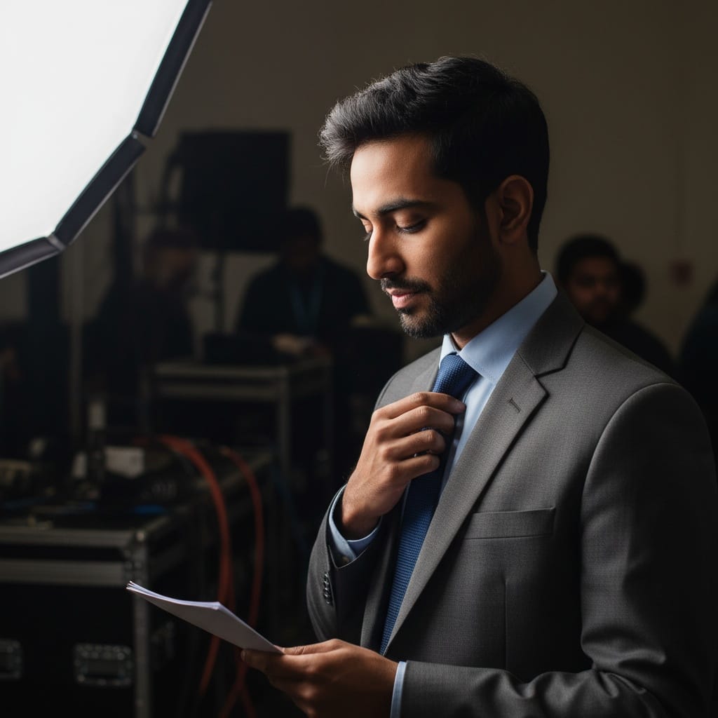 slim indian man backstage preparation portrait 34530542