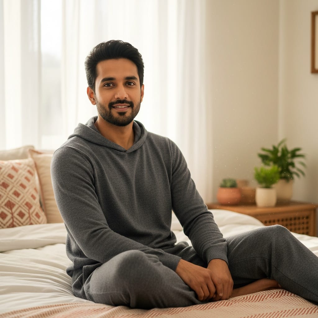 slim indian man bedroom morning natural light 62998643