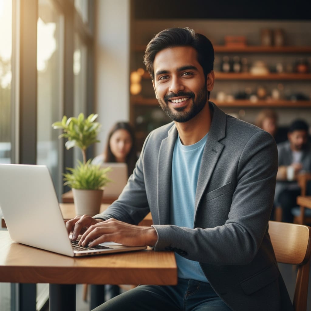 slim indian man casual laptop coffee shop 85761057