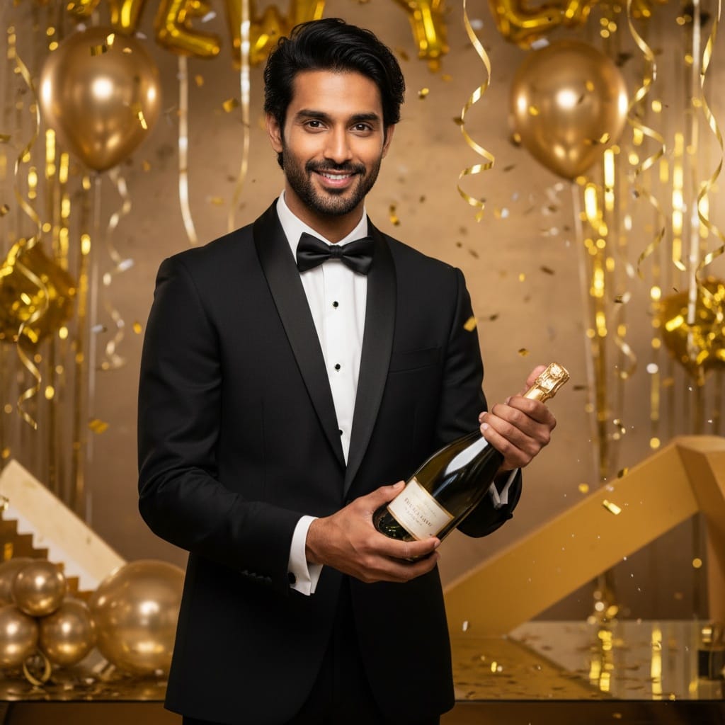 slim indian man champagne bottle glamour 55916361