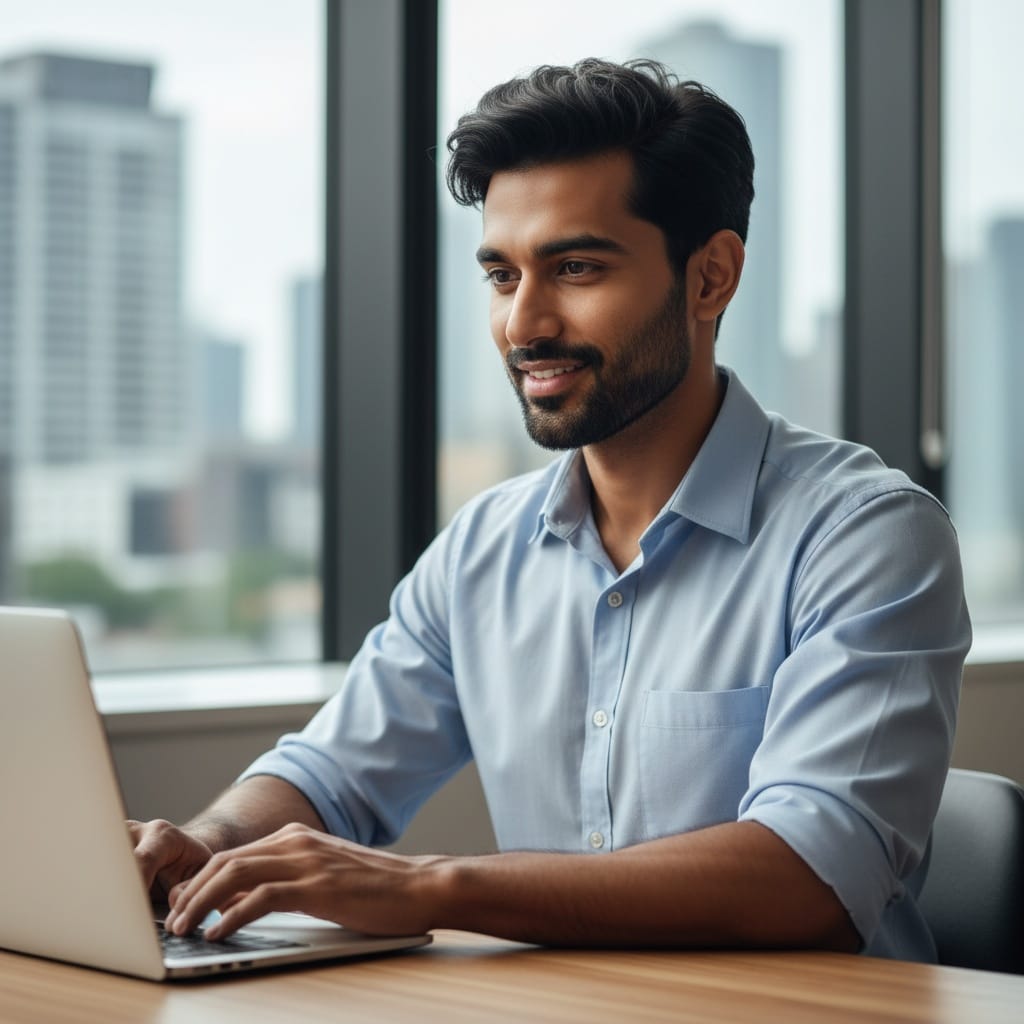 slim indian man confident office workspace 60170353