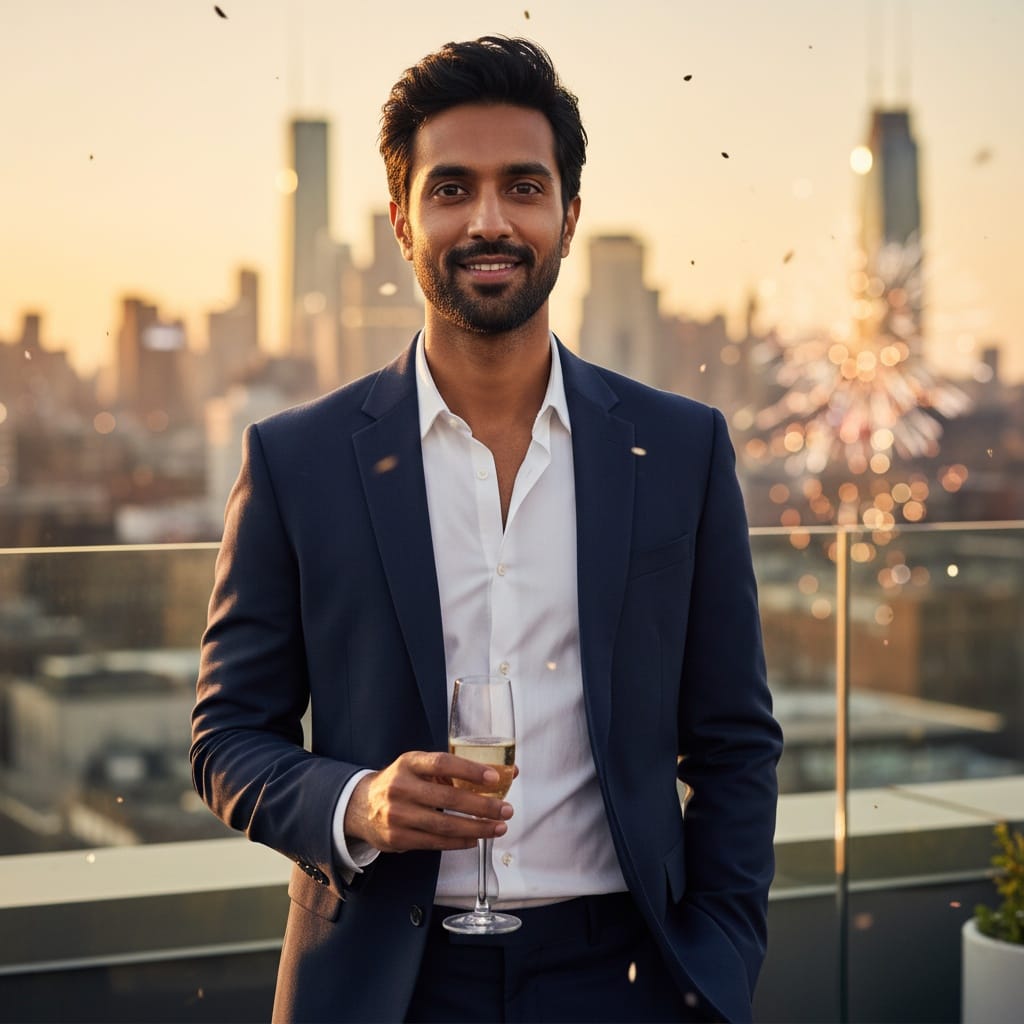 slim indian man golden hour rooftop celebration 75713891