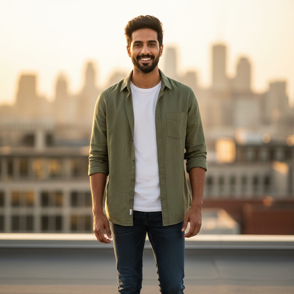 slim indian man golden hour rooftop portrait 87662741