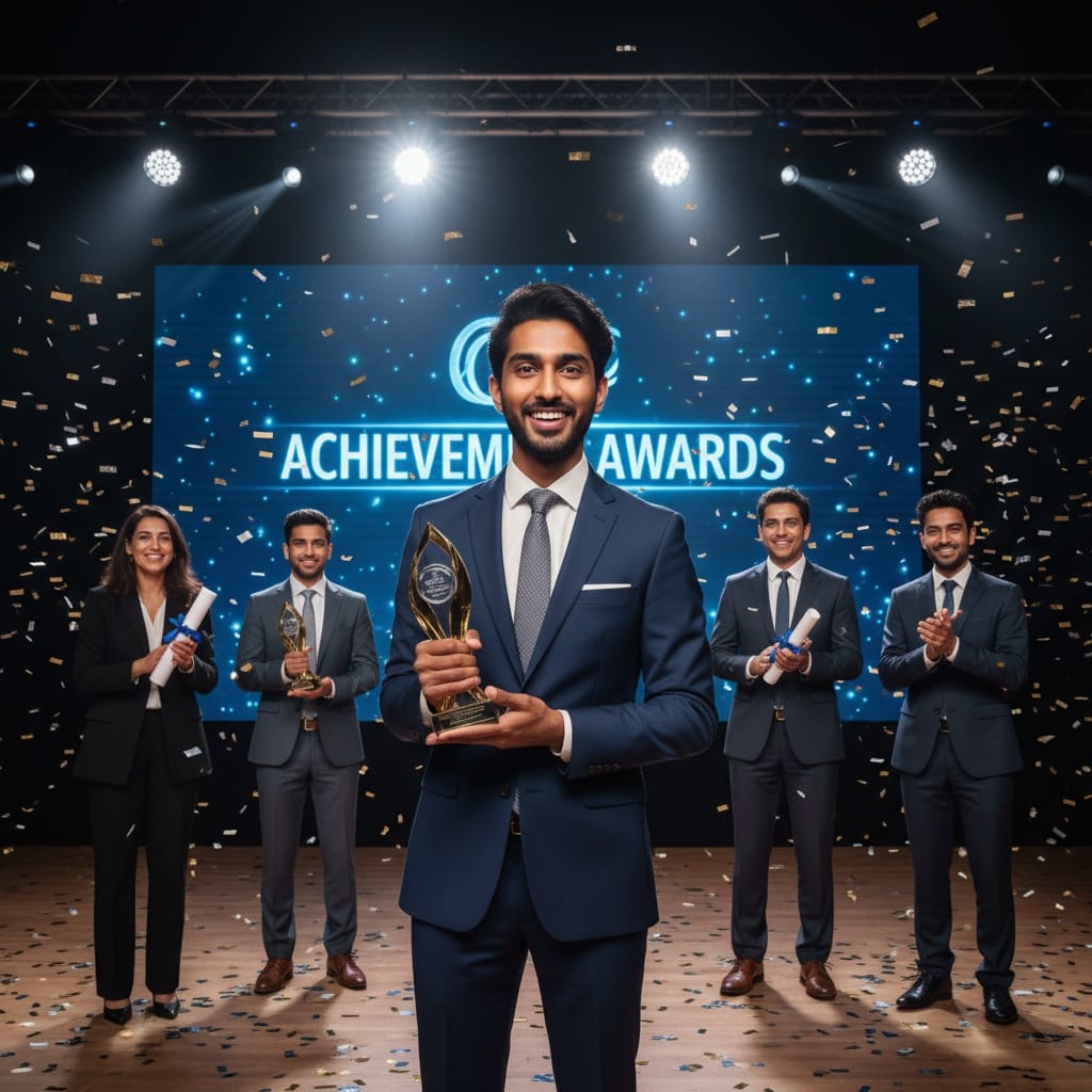 slim indian man group winners on stage 97325690