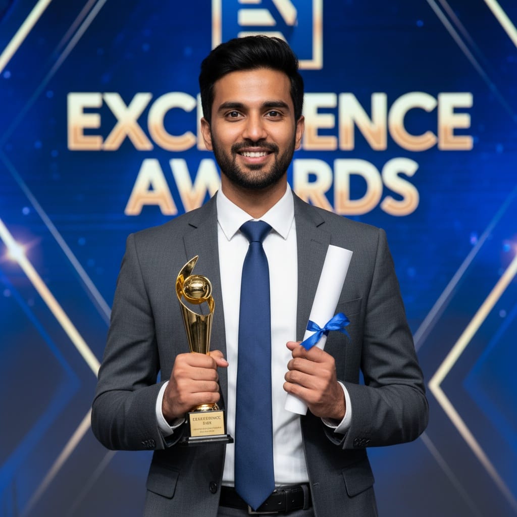 slim indian man holding trophy portrait 28104825