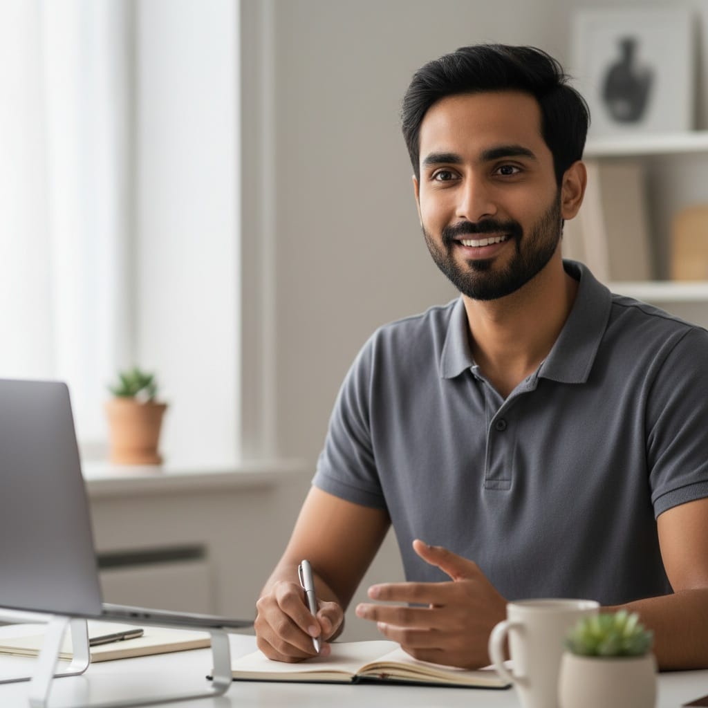 slim indian man home office video call setup 85977546