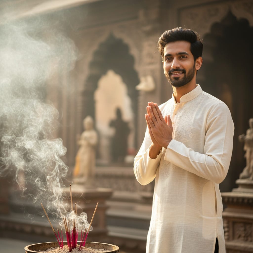 slim indian man incense smoke offering 41269294