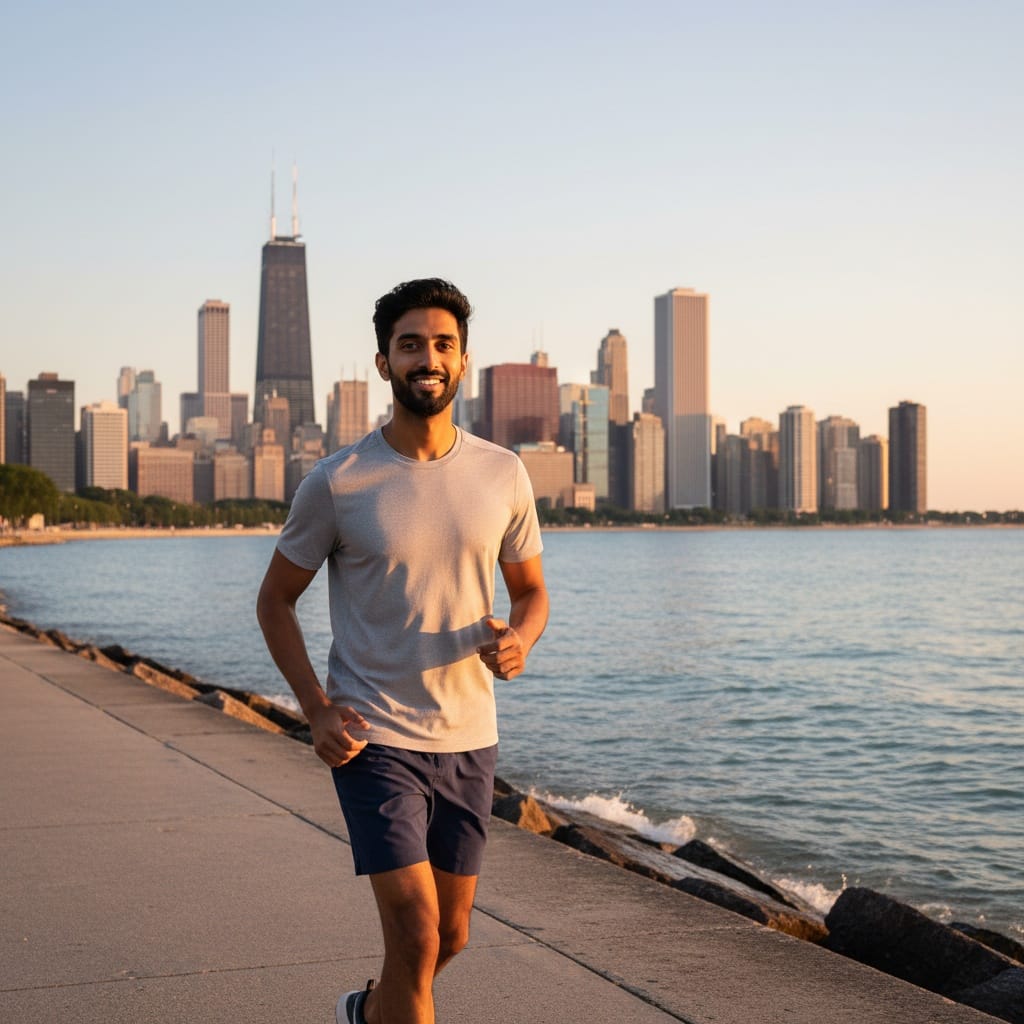 slim indian man lakefront trail skyline panorama 88340091