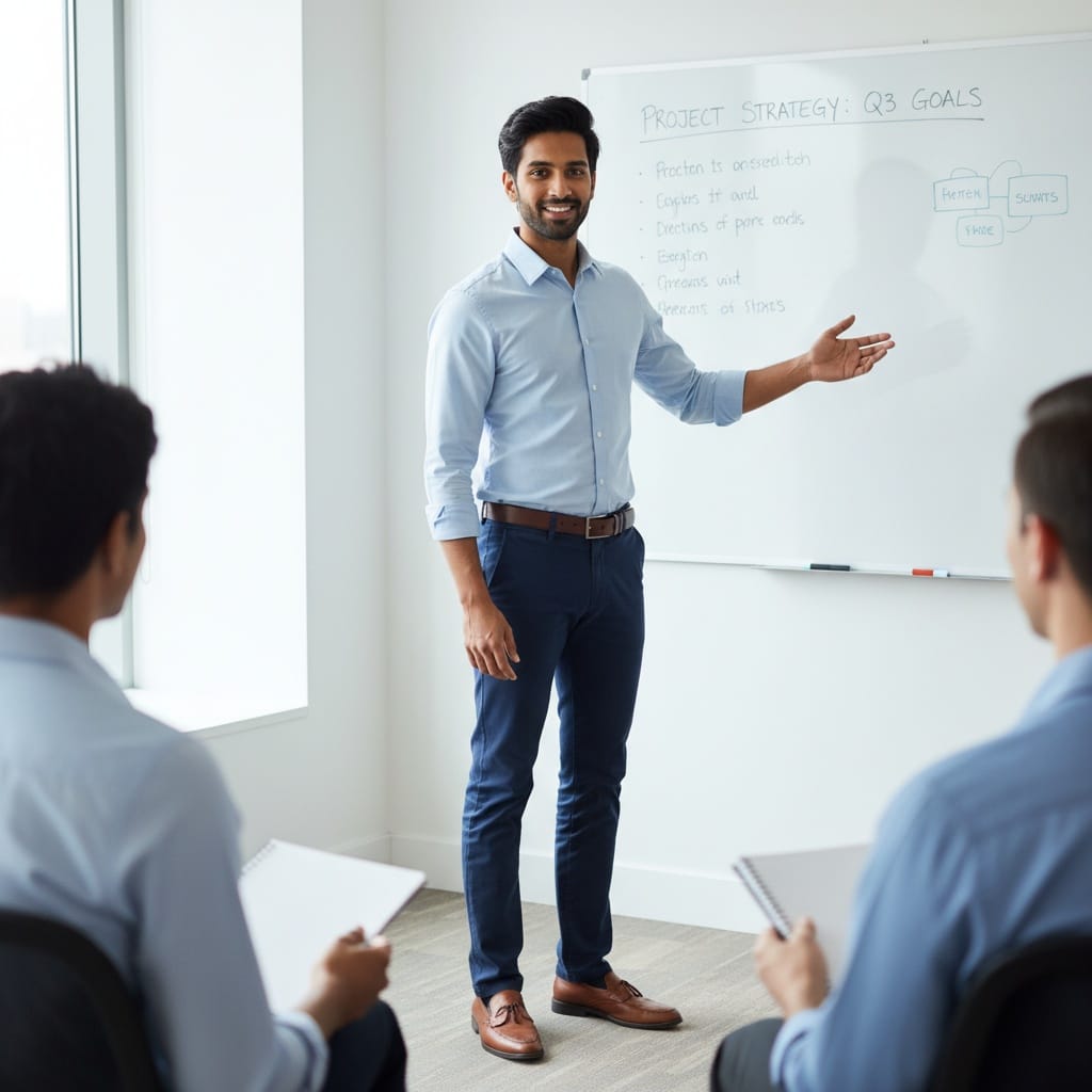 slim indian man leading workshop whiteboard 48234814