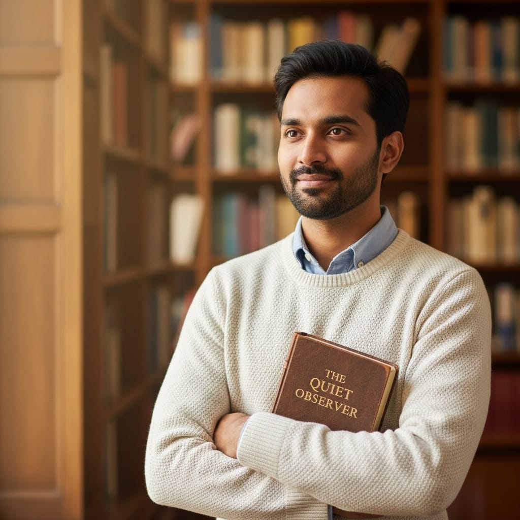 slim indian man library bookshelf portrait 32304883