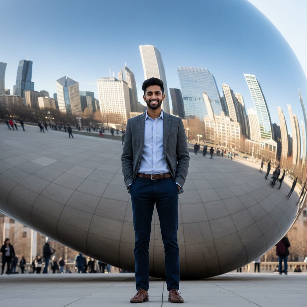 slim indian man millennium park bean sculpture 98892079