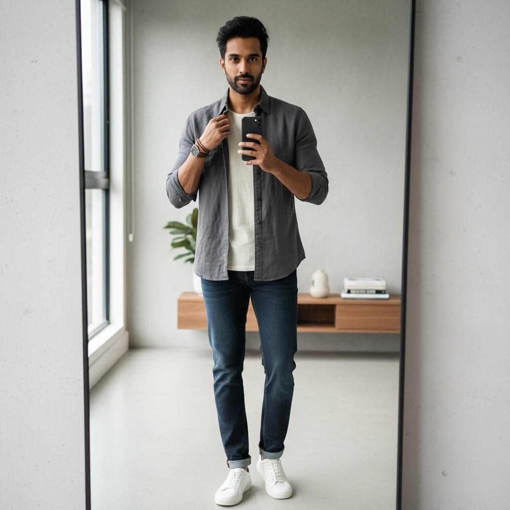 slim indian man mirror selfie outfit check 54304378