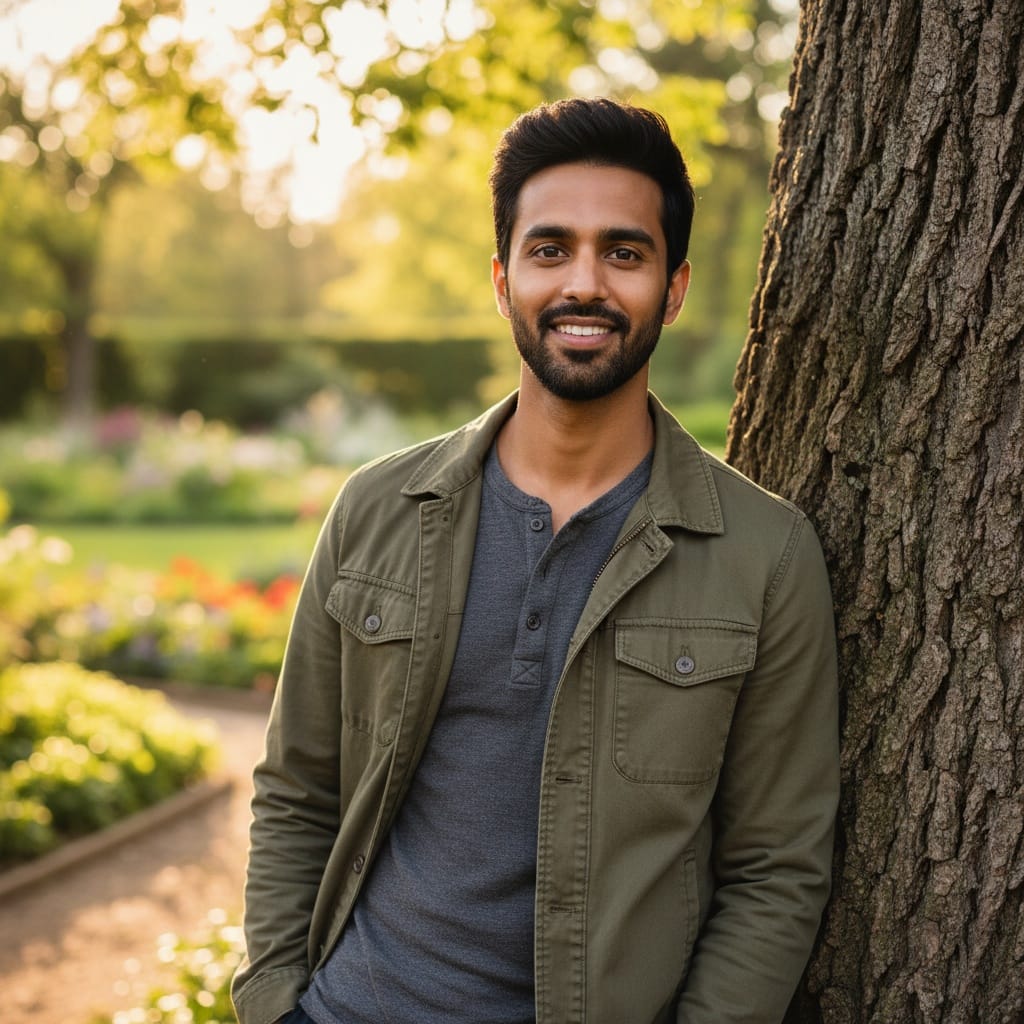 slim indian man outdoor natural light portrait 62328347