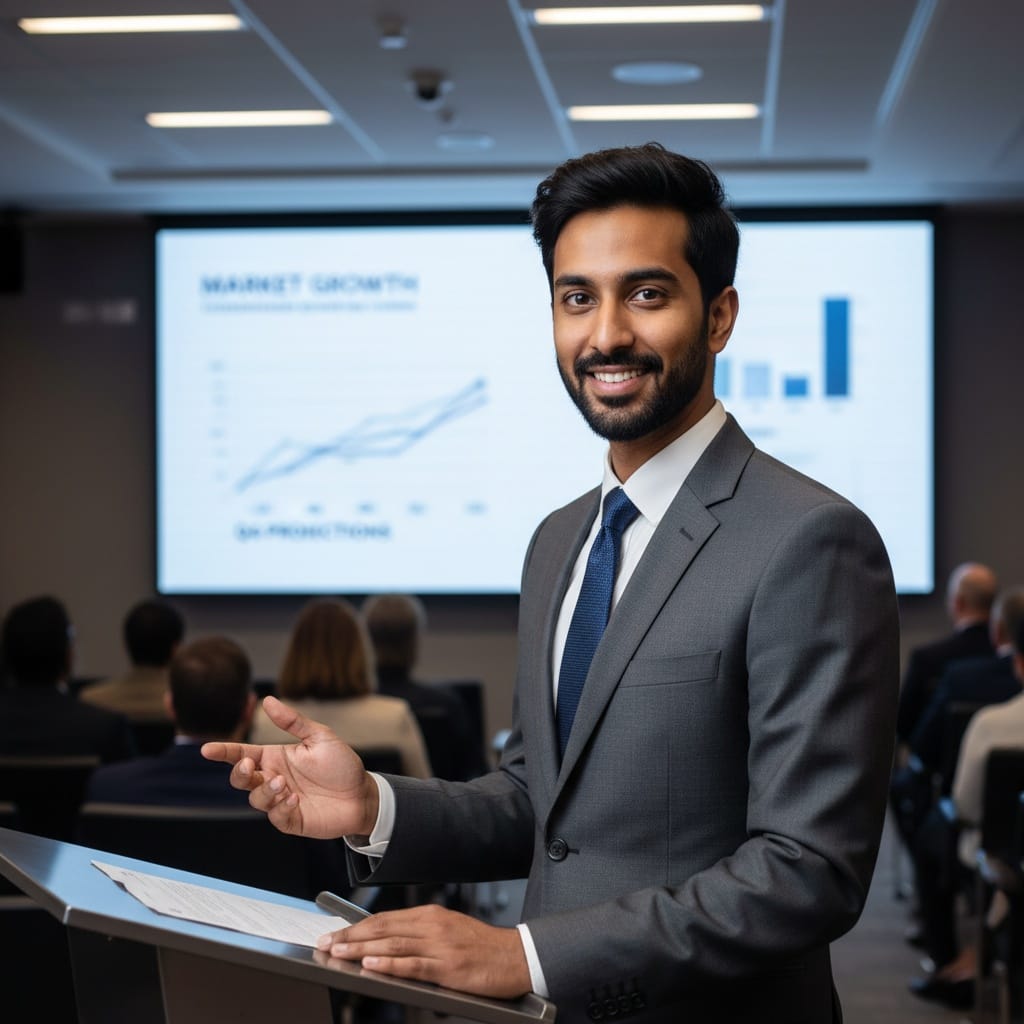 slim indian man presenting at podium 69307246