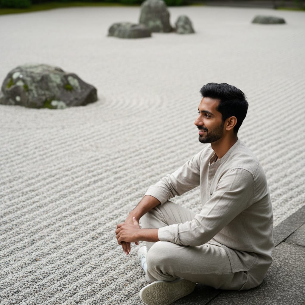 slim indian man raked gravel garden wide 58860367