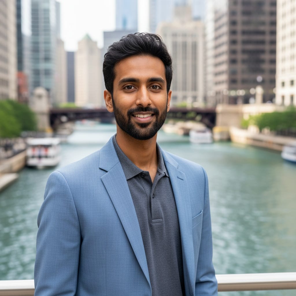 slim indian man riverwalk architectural background 15107174