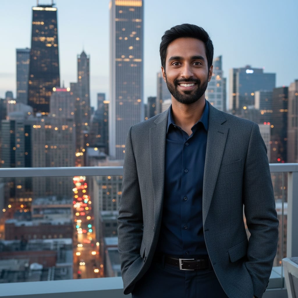 slim indian man rooftop terrace skyline close 90320399
