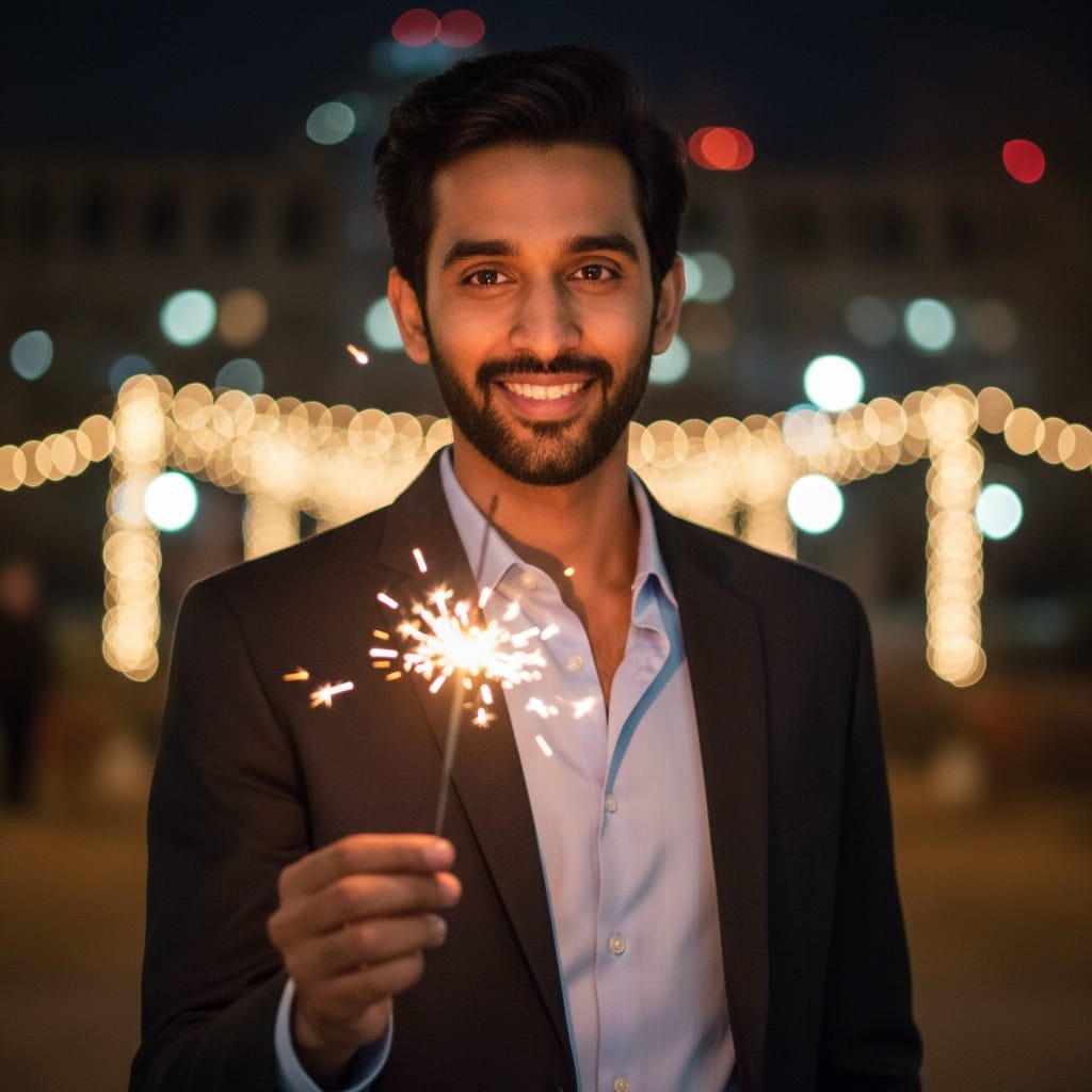 slim indian man sparkler outdoor night 52844203