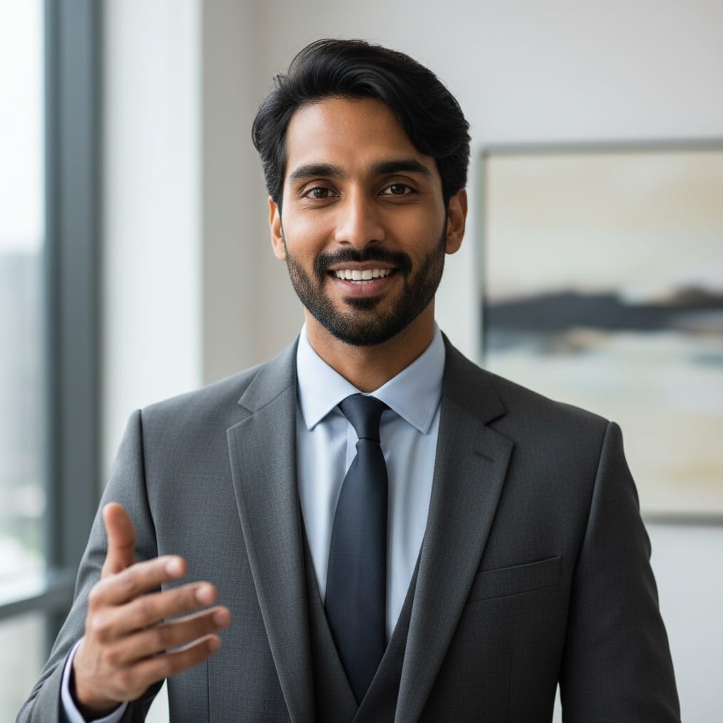 slim indian man speaking presenting confident 70937066