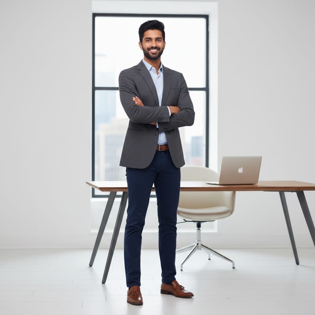 slim indian man standing arms crossed confidence 94188806