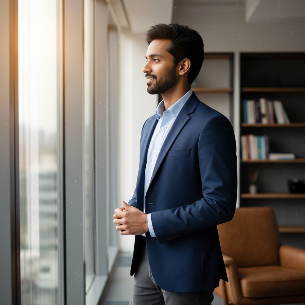 slim indian man standing by window contemplative 38649802