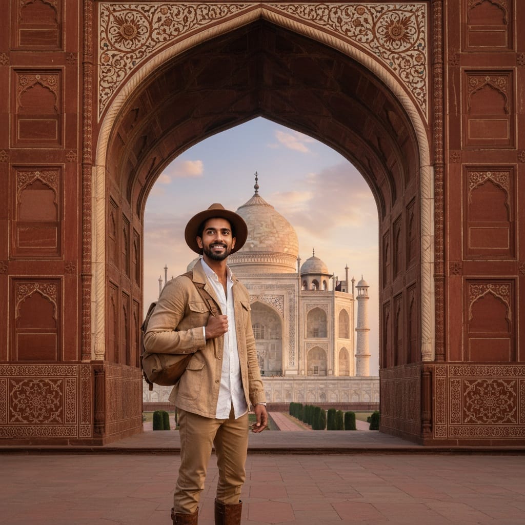slim indian man taj mahal archway frame 44862837