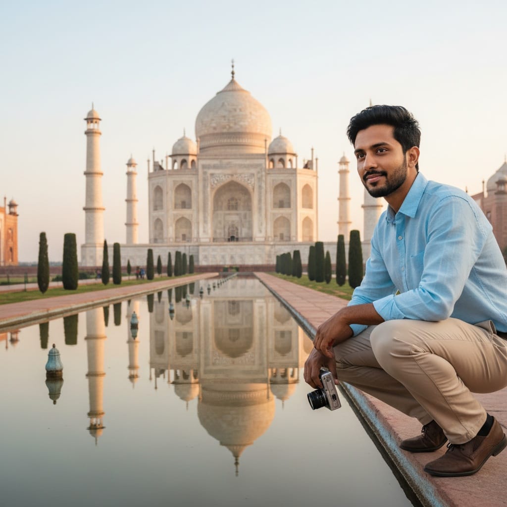 slim indian man taj mahal reflecting pool 35242752