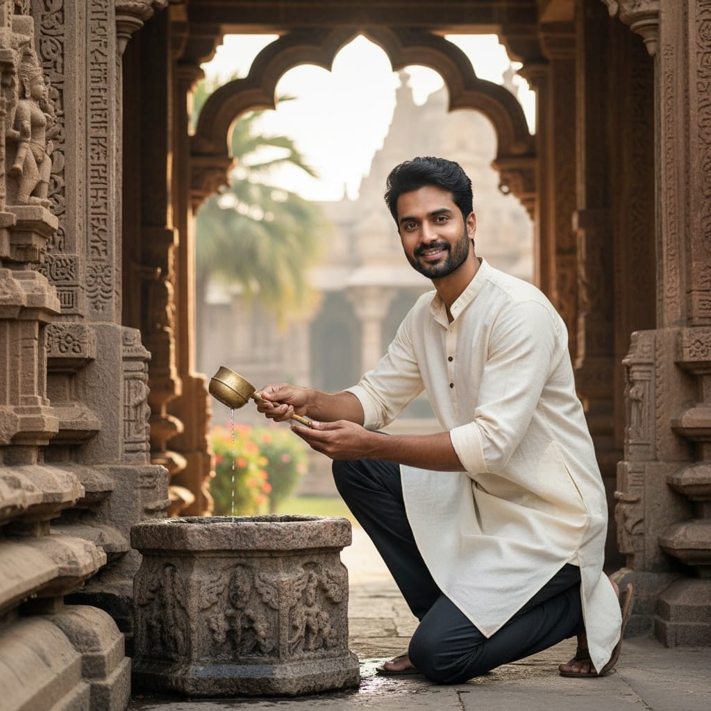 slim indian man temple entrance prayer 13594882