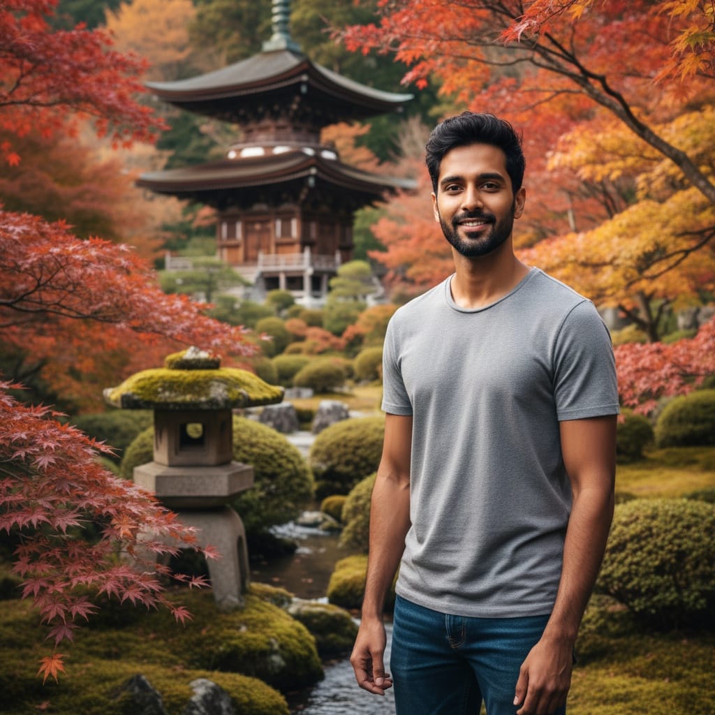 slim indian man temple garden cherry blossoms 36361389