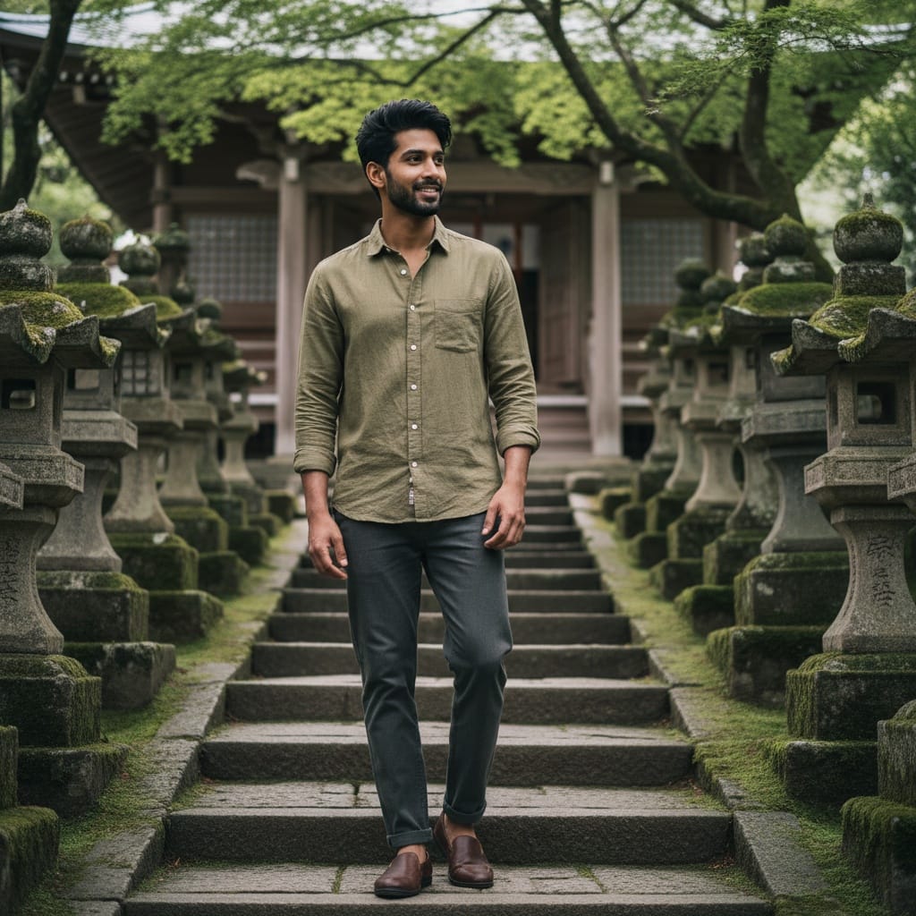slim indian man temple steps lanterns 77503458
