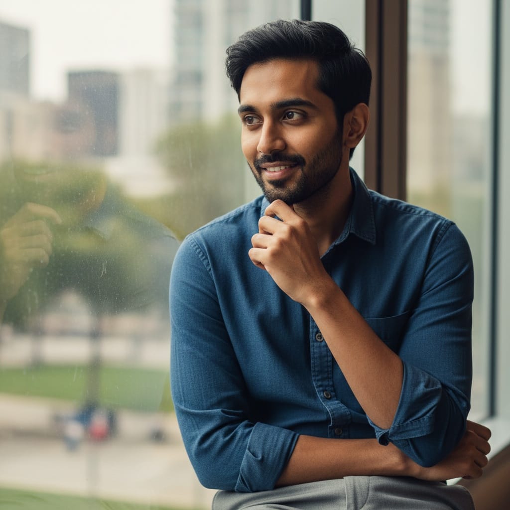 slim indian man thoughtful window lighting 14160508