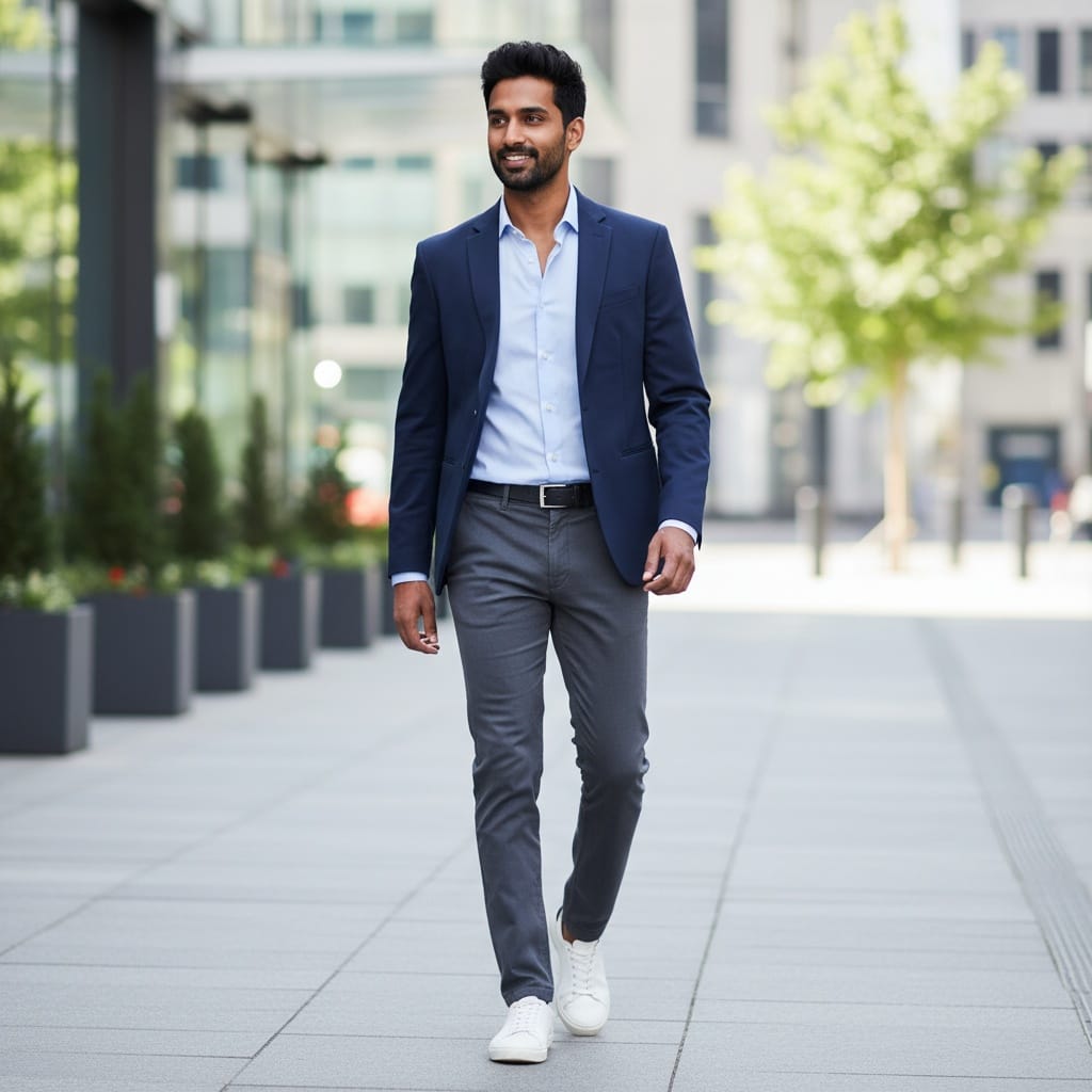 slim indian man walking urban environment 34502299