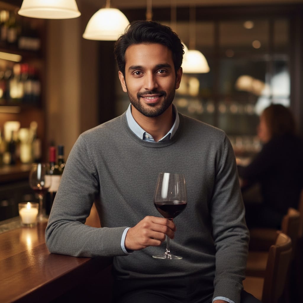 slim indian man wine bar elegant setting 88528218