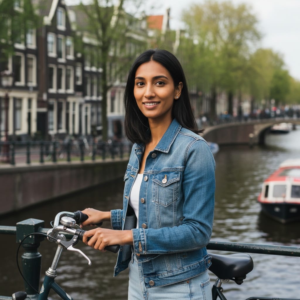 slim indian woman amsterdam canal bridges 42667432