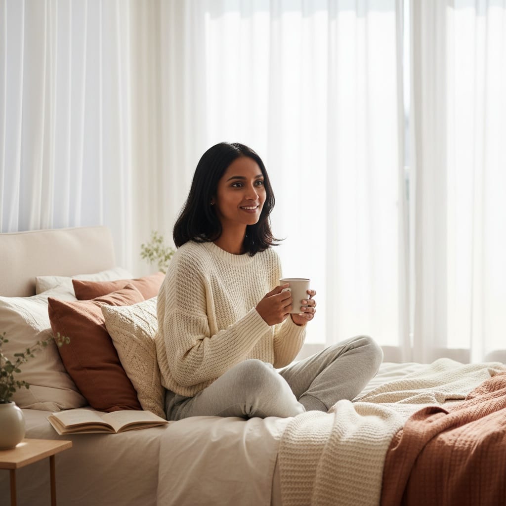 slim indian woman bedroom morning natural light 79785471